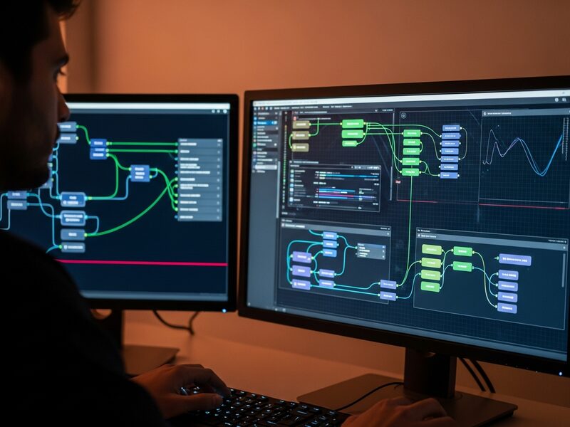 Développeur visualisant des flux de données et connexions API sur plusieurs écrans