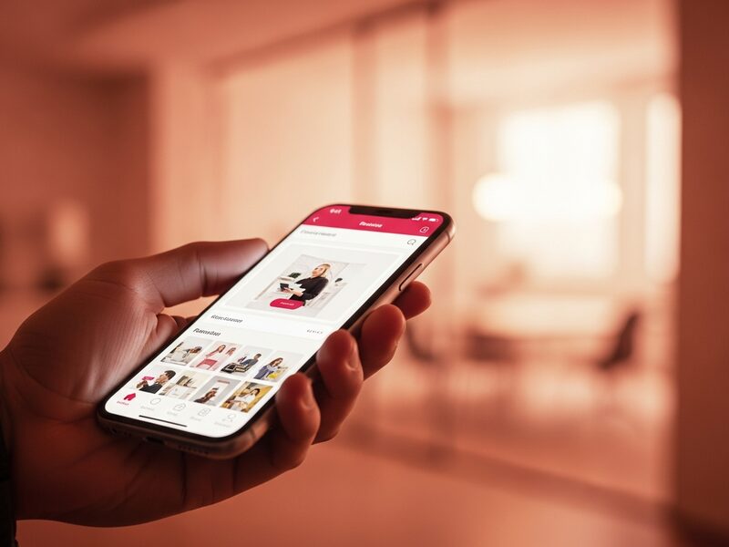 Application mobile sur-mesure affichée sur smartphone tenu en main dans un bureau moderne