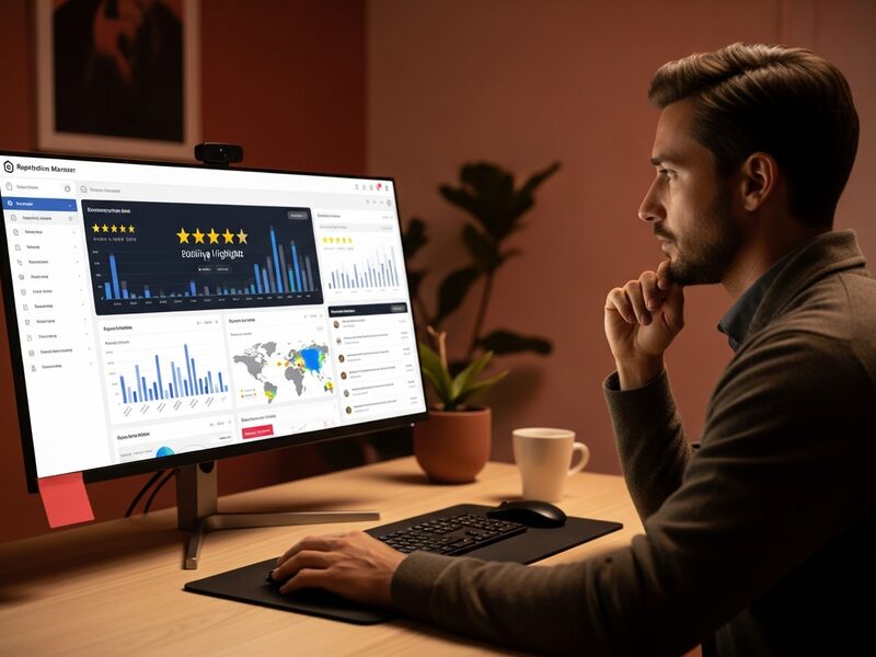 Gestion de l'e-réputation d'une marque avec avis clients et note cinq étoiles à l'écran