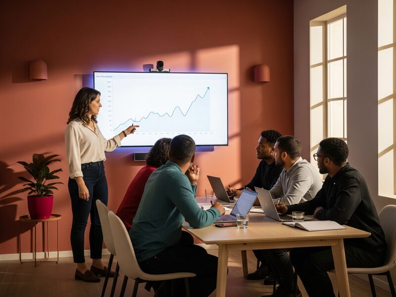 Session de formation digitale et coaching d'équipe dans une salle lumineuse à Marrakech