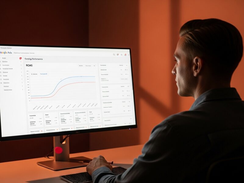 Tableau de bord de campagnes Google Ads avec courbes de performance et retour sur investissement