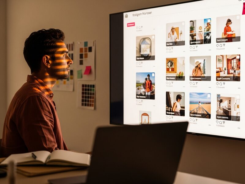 Équipe community management planifiant du contenu réseaux sociaux sur un mur de posts