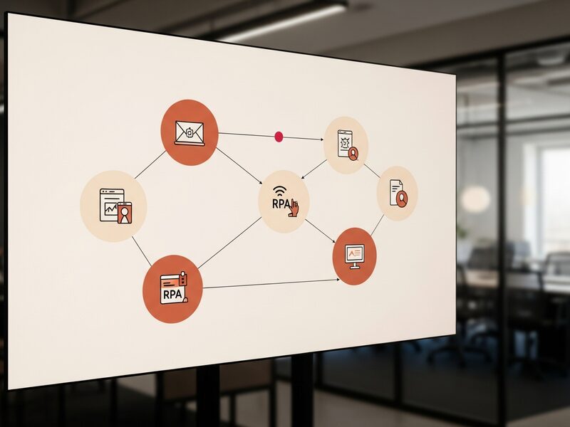 Business workflow automation shown as a process flow diagram connecting company tools