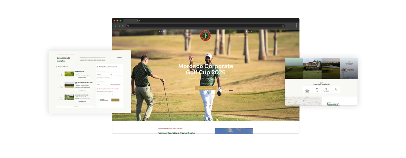 Event website for the Morocco Corporate Golf Cup showing the online registration flow